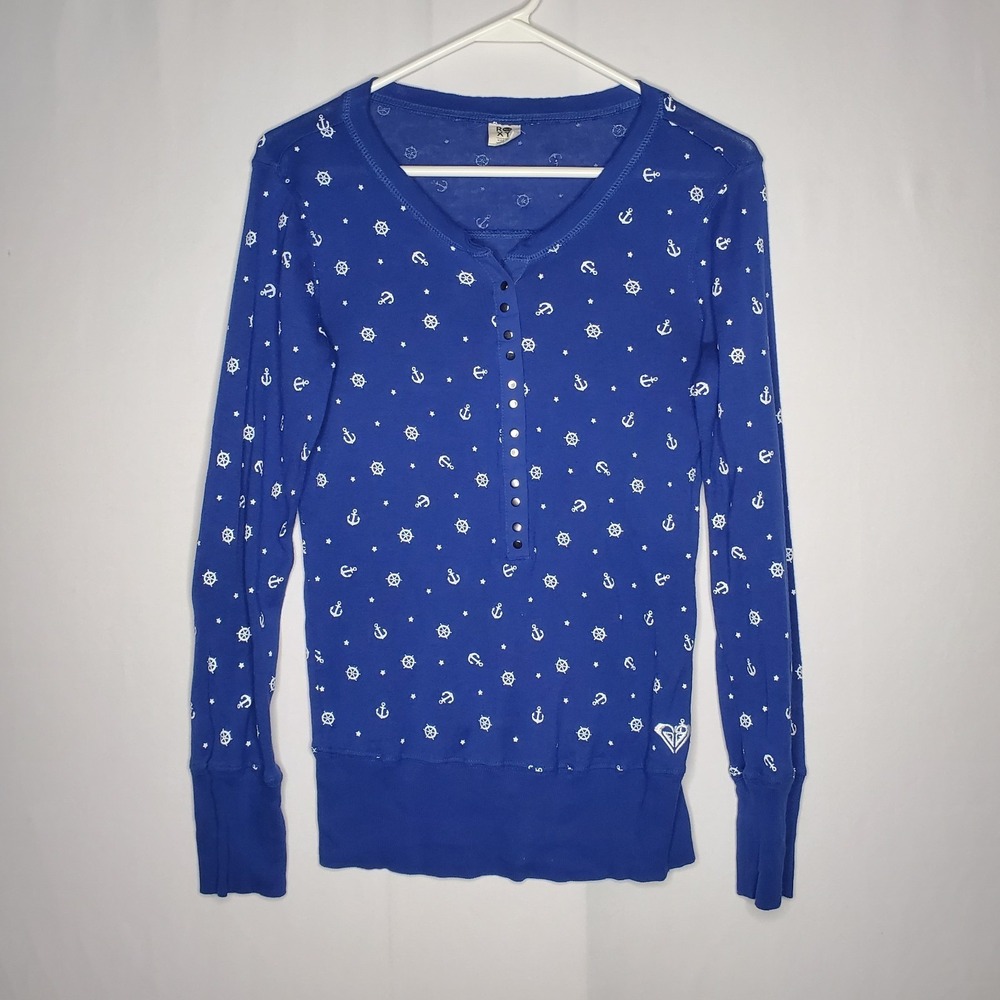 Vtg Y2K Roxy Henley Top Medium Blue White Nautical Anchor Preppy Grunge Sea